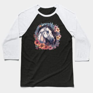 White Horse With Flowers Baseball T-Shirt